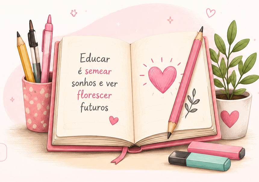 Ilustração pedagógica com caderno e materiais escolares