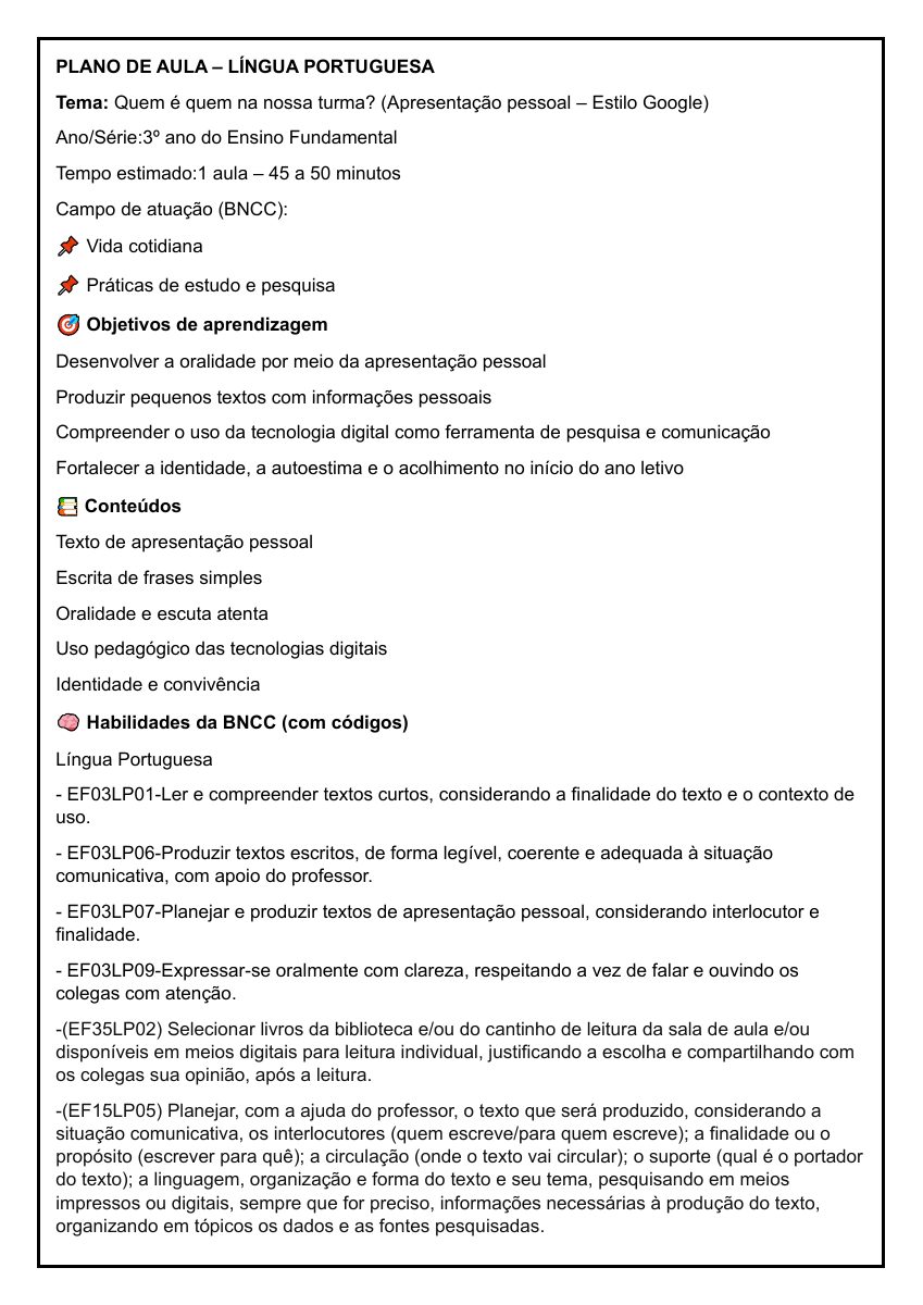 Amostra de Plano de Aula — Dinâmica Google